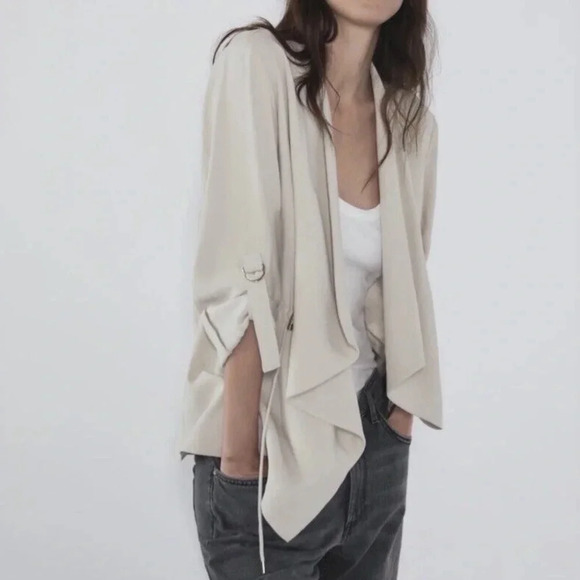 Zara Open Front Drawstring Waterfall Blazer Jacket in Beige size XS - Picture 16 of 16